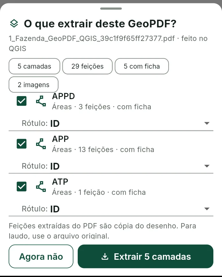 ForestMap perguntando quais camadas extrair de um PDF georreferenciado feito no QGIS: 5 camadas e 29 feições