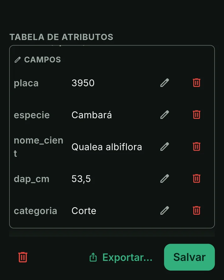 Ficha de uma árvore no ForestMap: placa 3950, Cambará, Qualea albiflora, DAP 53,5 cm, categoria Corte