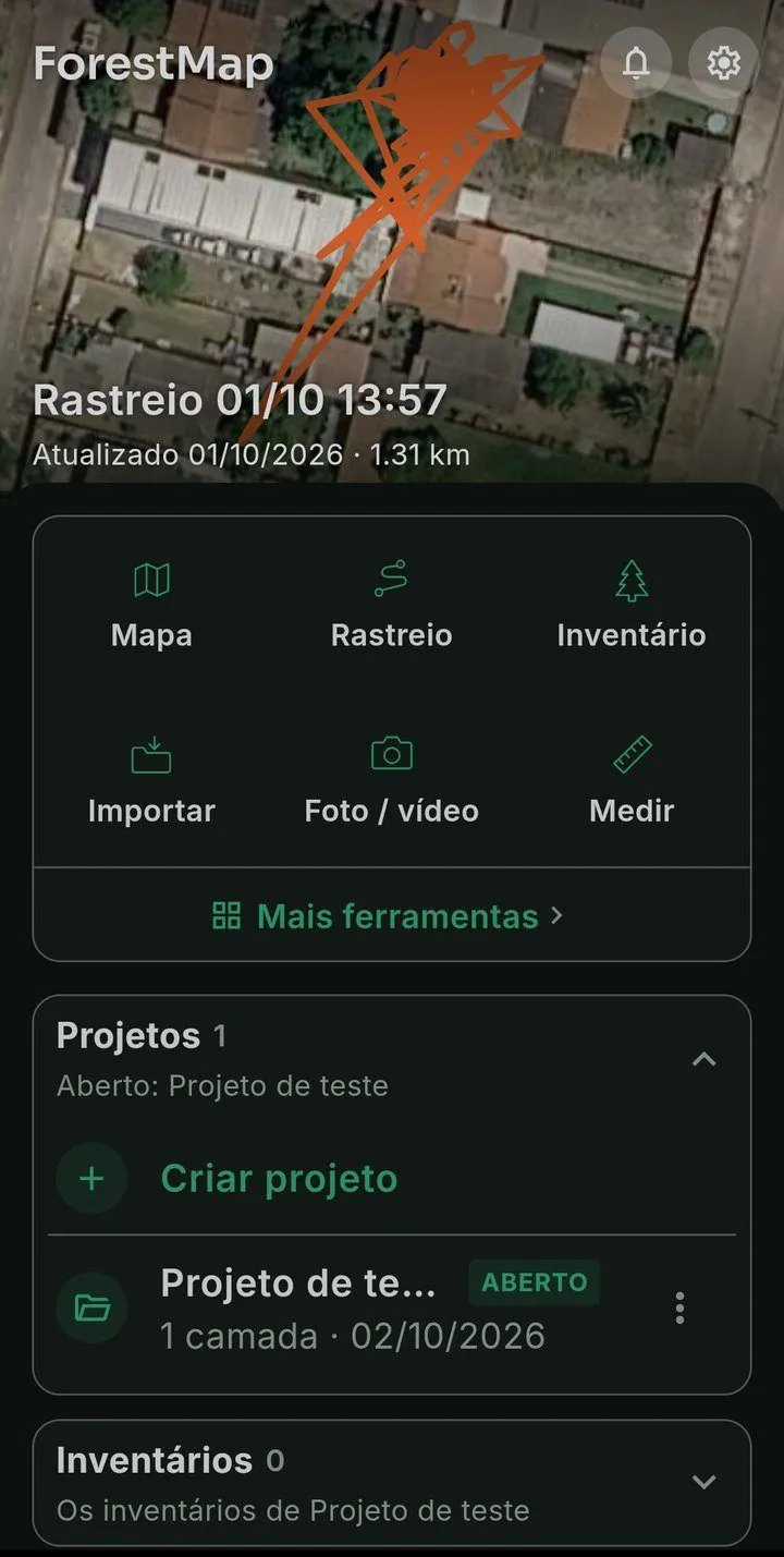 Tela inicial do ForestMap: prévia do último rastreio, atalhos das seis ferramentas mais usadas, lista de projetos com o projeto de teste aberto