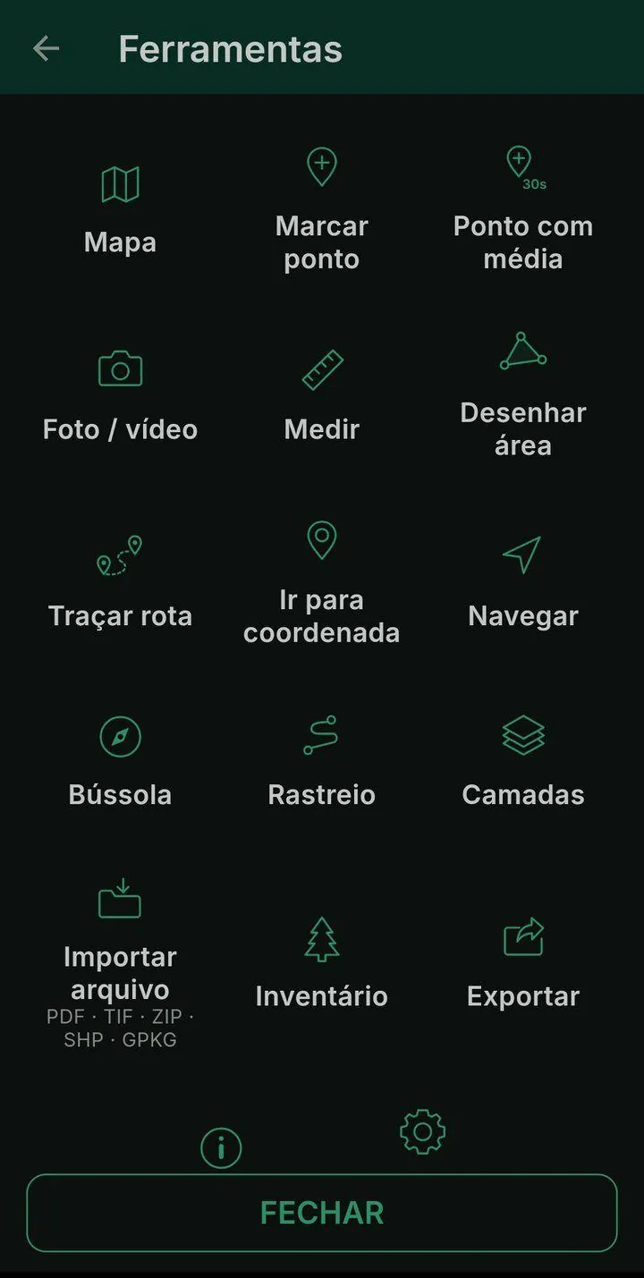 Grade de ferramentas do ForestMap com quinze itens e os botões Informações e Configurações