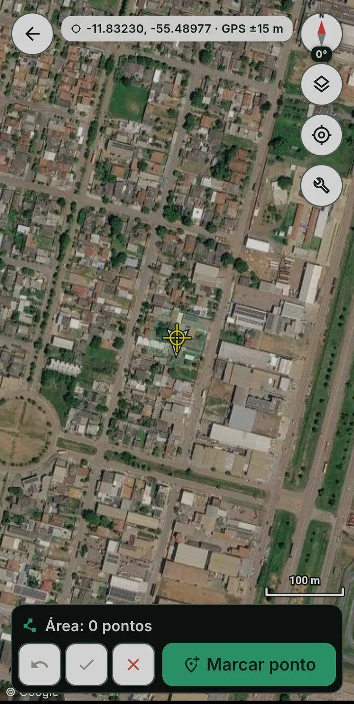 Ferramenta Desenhar área: mira no centro do mapa e a barra com a contagem de pontos, desfazer e confirmar