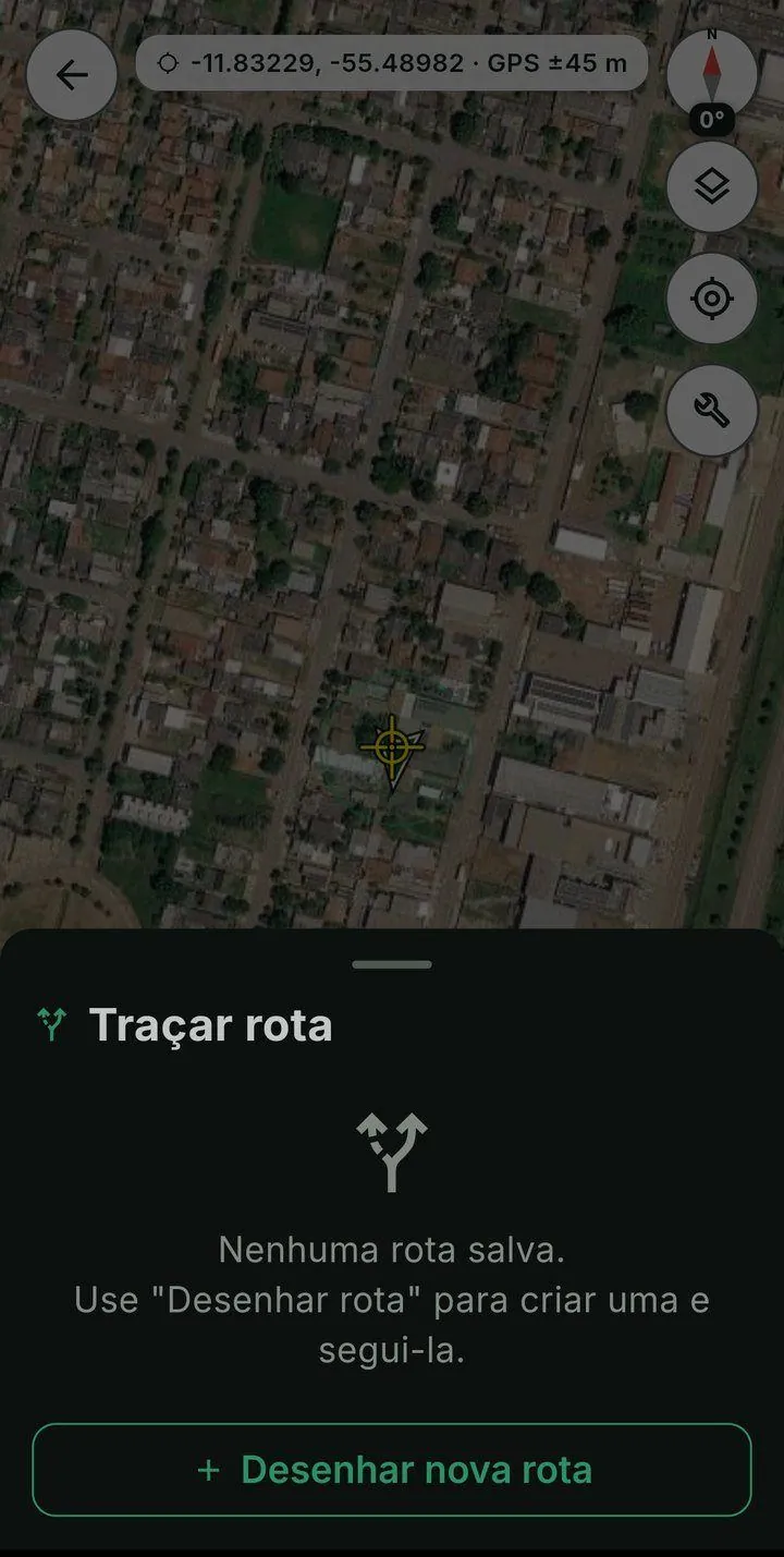 Folha Traçar rota: nenhuma rota salva e o botão Desenhar nova rota