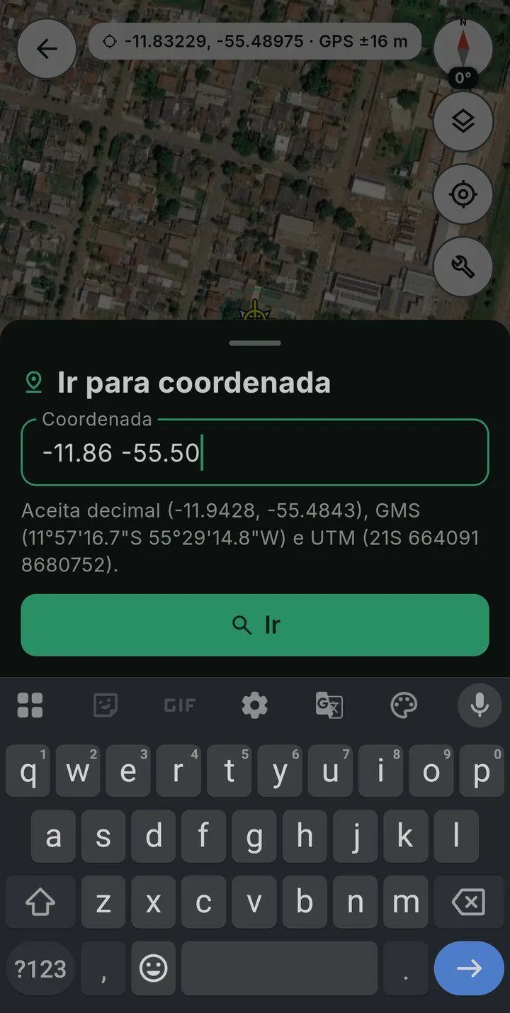 Folha Ir para coordenada com uma coordenada digitada e a nota de que aceita decimal, GMS e UTM