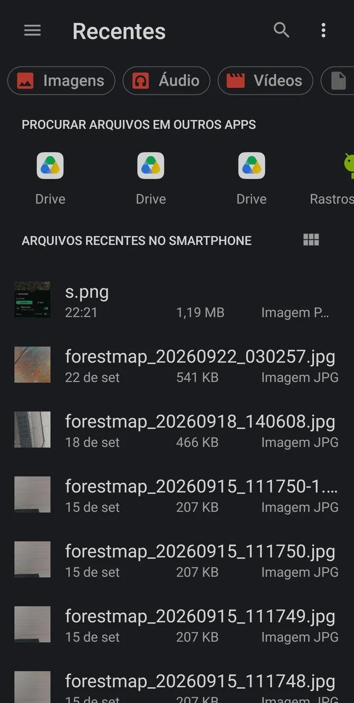 Seletor de arquivos do Android aberto pelo botão Importar arquivo do ForestMap, com os arquivos recentes do aparelho