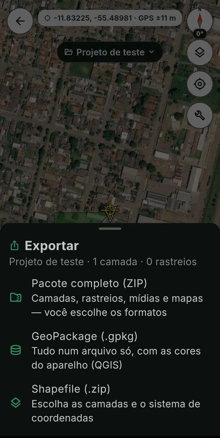 Folha Exportar do ForestMap com três opções: pacote completo em ZIP, GeoPackage e shapefile