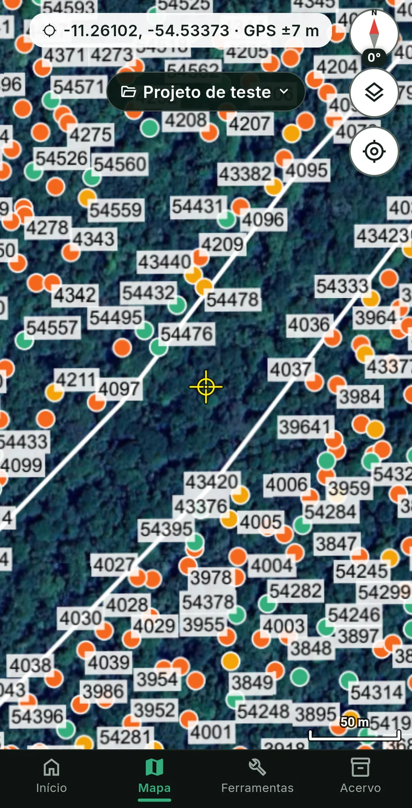 Tela do ForestMap com o GeoPDF de um censo florestal sobre o satélite: cada árvore com o número da placa e a cor da categoria, e o rio atravessando a área